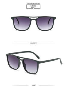 Detailed views of vintage square pilot sunglasses with green-gray frames and gradient lenses