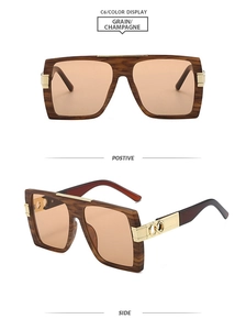 Front and side views of wood grain square frame sunglasses with champagne lenses