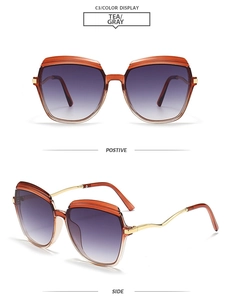 Detailed view of fashion square sunglasses with gold wave temples and gradient lenses