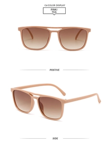 Detail view of pink double-bridge pilot sunglasses with tea gradient lenses from two angles