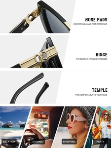 Close-up of square frame sunglasses showing gold hinges and luxury lifestyle scenes