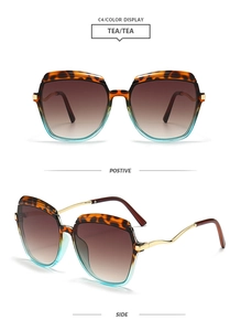 Detail of square amber and blue ombre frame sunglasses with golden wavy temples