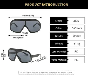 Detailed size chart for oversized square sunglasses featuring 148mm frame width and PC lens