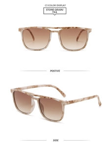 Detail of square pilot sunglasses featuring stone grain frames and gradient tea lenses