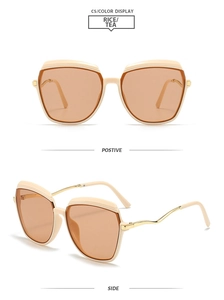 Detailed views showing ivory frame and gold metal temples of square fashion sunglasses