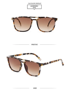 Detail view of leopard print square aviator sunglasses with gradient tea lenses and double bridge