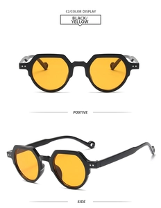 Front and side views of vintage oval sunglasses with black frames and yellow lenses