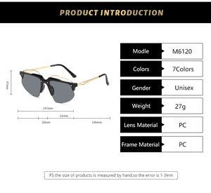 Spécifications de taille détaillées pour lunettes de soleil demi-monture métal style Y2K