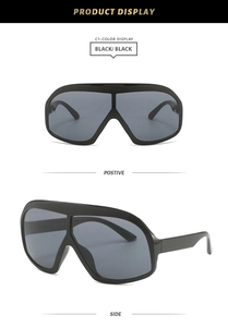 Front and side macro view of black oversized square frame sunglasses with seamless shield lens