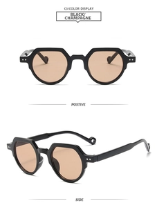 Retro oval sunglasses with black frames and champagne lenses from front and side views