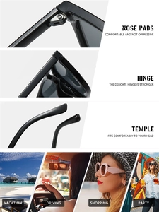 Detailed view of nose pads, hinges and temples of square pilot sunglasses with usage scenes