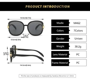 Detailed size chart for square frame sunglasses with PC frame measurements and specs