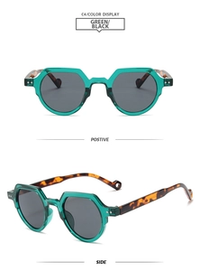 Detailed front and side views of green oval sunglasses with tortoiseshell temples