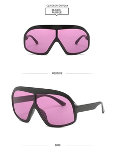 Front and side view of oversized square sunglasses with black frame and purple lenses
