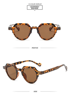 Detail of leopard print hexagonal sunglasses with silver rivets and brown lenses