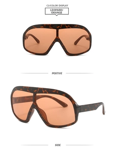 Leopard print square sunglasses with orange lenses shown in front and side views
