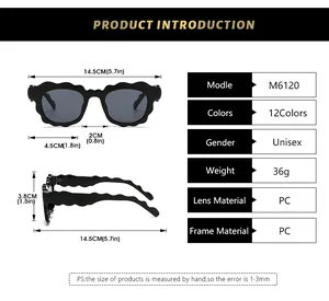 Detailed size chart of wavy frame sunglasses with dimensions for lens and bridge width