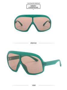 Close-up of oversized green transparent sunglasses with champagne lenses in two view angles