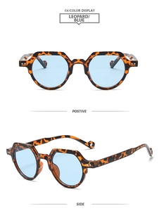 Detail view of oval leopard print sunglasses with light blue translucent lenses