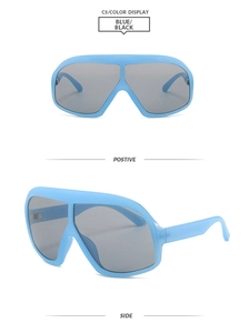 Front and side views of luxury square oversized blue sunglasses with dark gray lenses