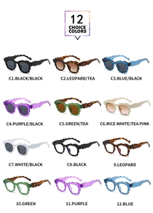 Detailed grid view of 12 wave-frame sunglasses in various colors on white background
