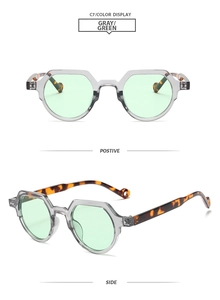 Front and side views of gray geometric sunglasses with green lenses and tortoiseshell temples
