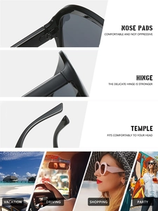 Detail view of large square black frame sunglasses with integrated nose pads and metal hinges