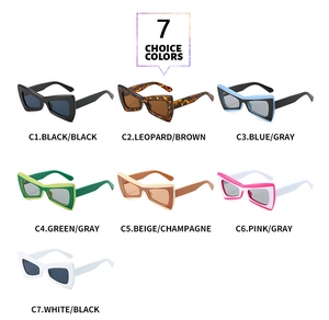 Flat lay display of colorful cat-eye sunglasses in black blue and leopard prints