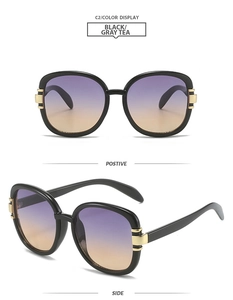 Front and side views of fashion square black sunglasses with gradient purple tea lenses