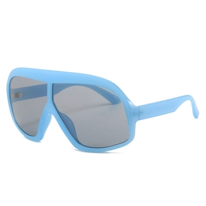 Fashionable light blue square oversized sunglasses with grey lenses in a 45-degree view