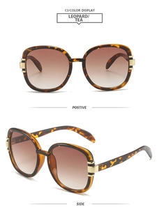 Detail view of leopard print square frame sunglasses with tea gradient lenses in two angles