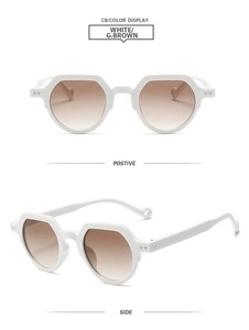 Front and side view of white oval sunglasses with gradient brown lenses and thick frames