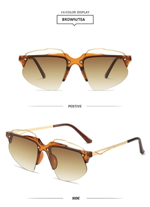 Détail de lunettes de soleil Y2K demi-cerclées marron avec branches métalliques ajourées