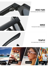 Detailed views of black oval sunglasses showing hinge, nose pads, and lifestyle scenarios