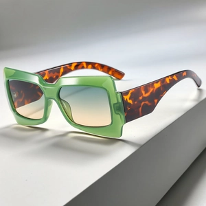 Détails des lunettes de soleil carrées vertes avec branches en écaille et verres dégradés