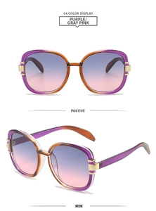 Macro view of oversized square sunglasses featuring purple pink gradient lenses and metal trim