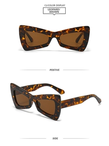 Detailed view of leopard print geometric sunglasses with brown lenses and sharp frame edges