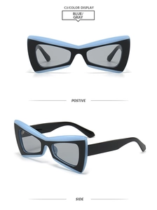 Detail view of butterfly shaped sunglasses in blue and gray with side and front angles