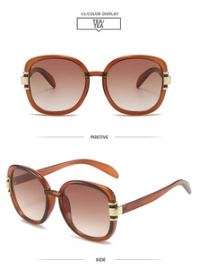 Front and side views of tea-colored square frame sunglasses with golden metal accents