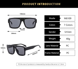 Detailed size specifications for unisex square oversized black PC sunglasses model M6109