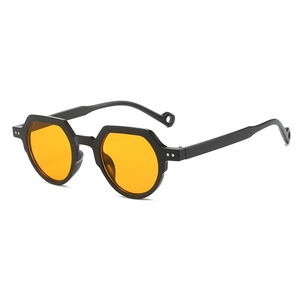 Retro oval sunglasses with black irregular frames and bright yellow lenses shown on white