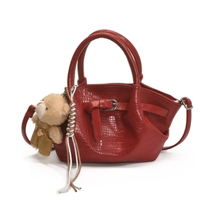 Elegant red crocodile embossed crossbody handbag for women with cute bear charm