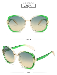 Detail view of square fashion sunglasses with green tea frames and gradient lenses
