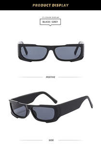 Detailed views showing the thick black rectangular frame and dark grey lenses of the Y2K sunglasses