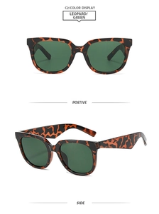 Détails des lunettes de soleil carrées léopard avec verres verts, vues de face et de profil