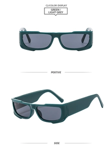Green rectangular Y2K sunglasses with wide temples and light grey lenses shown from two angles