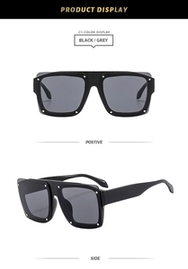 Front and side view of oversized square black sunglasses with silver rivet accents