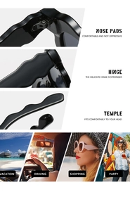 Detail showing wavy black frame structure, metal hinges and lifestyle wear shots