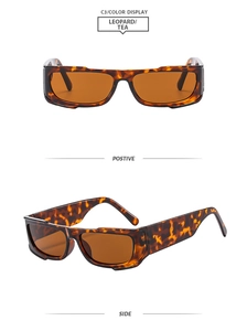 Detailed front and side views of leopard print rectangular sunglasses with tea lenses
