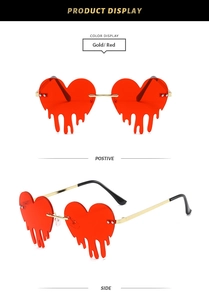 Vues détaillées de face et de côté de lunettes cœur rouges sans monture à effet dégoulinant